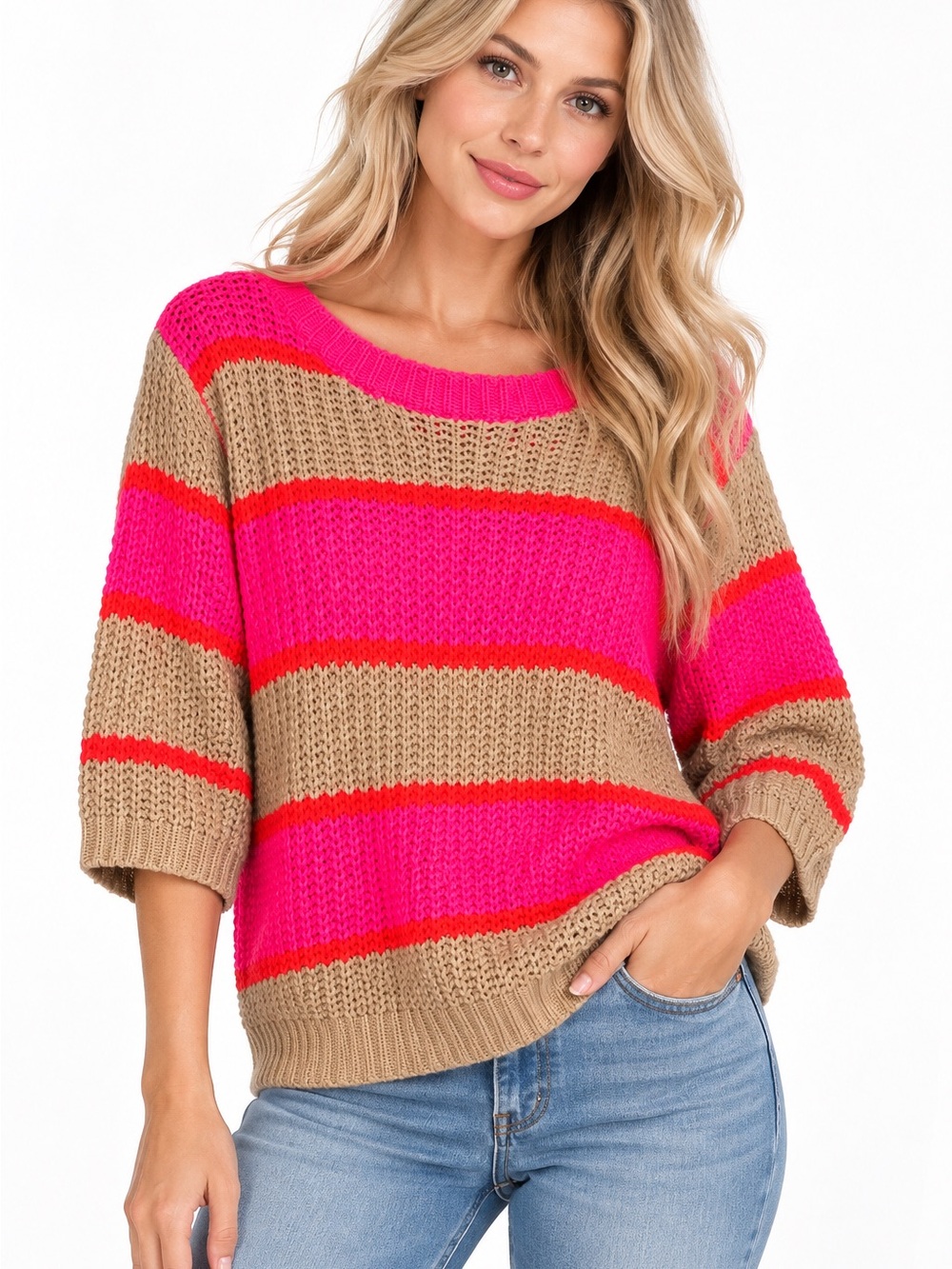 Bibi Size Medium Women’s Striped Knit Sweater - Hot Pink & Tan